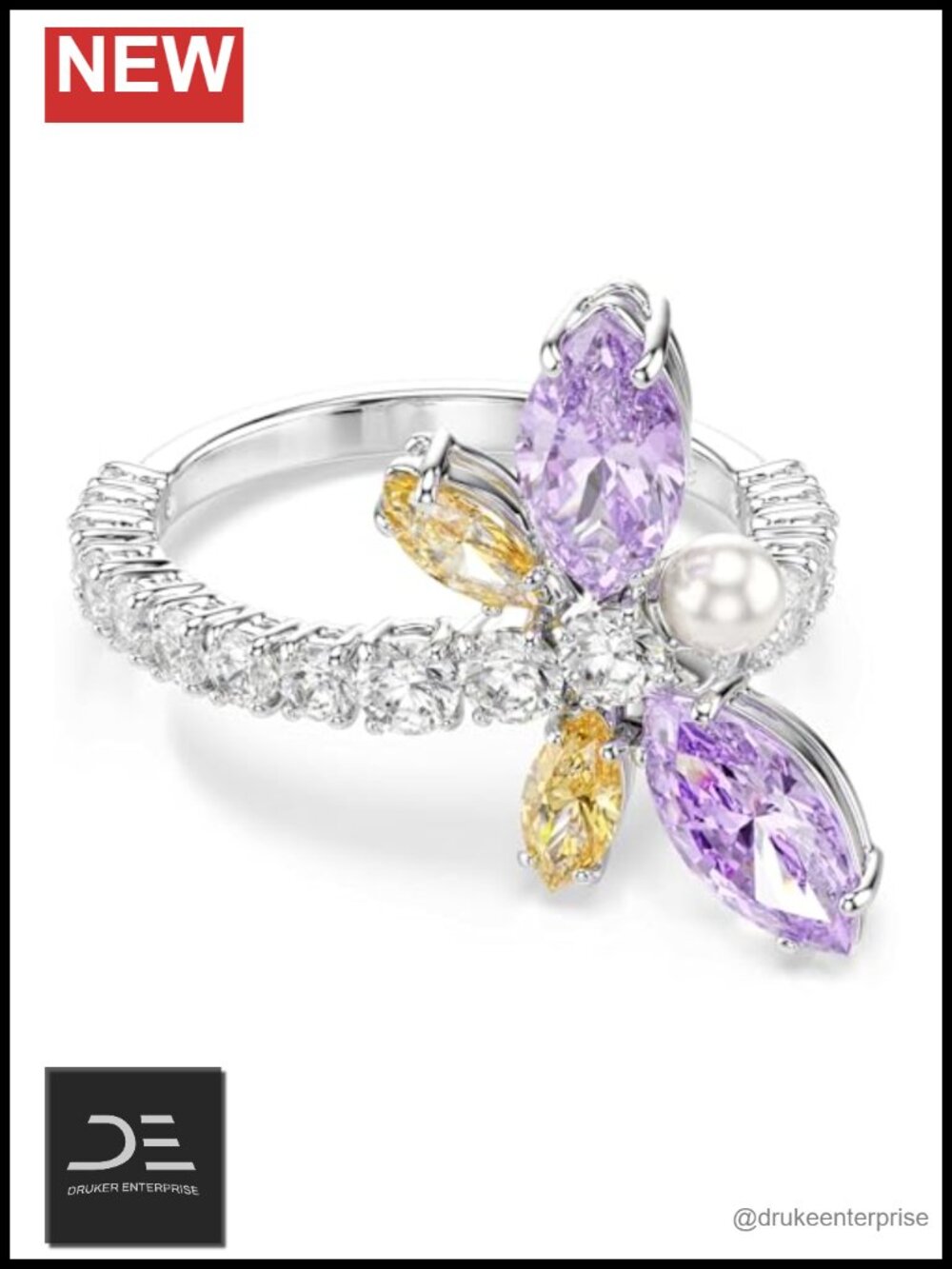 Swarovski Dragonfly Ring, Multicolor Crystal, Rhodium Finish Crystal Pearl Oval